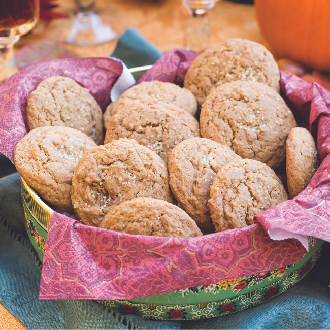 Spiced Molasses Cookies in a decorative tin