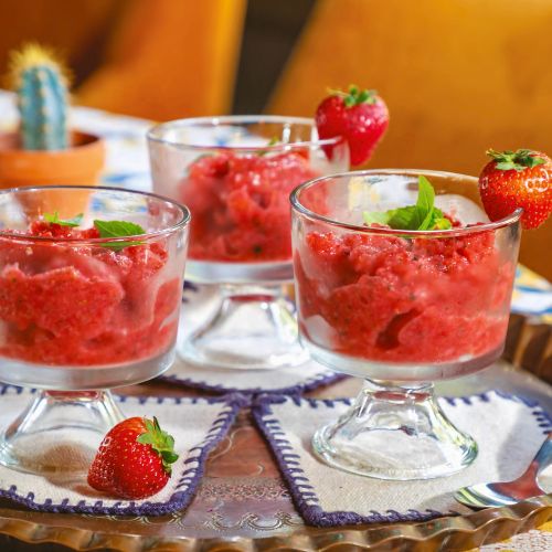 Strawberry-Basil Raspado in short clear glasses