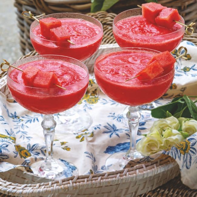 Watermelon Frosé in clear coupe glasses