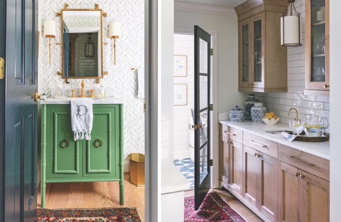 Powder bath with a green vanity and bar space
