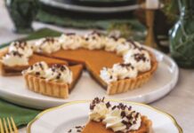 Black Bottom Pumpkin Tart Thanksgiving inspiration: a plated slice of Black Bottom Pumpkin Tart