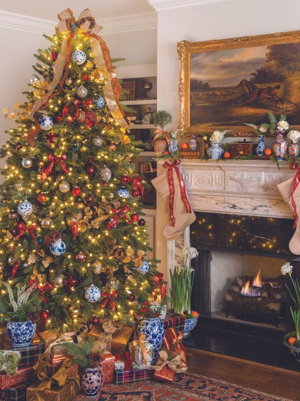 Christmas tree with blue, white, and red decor