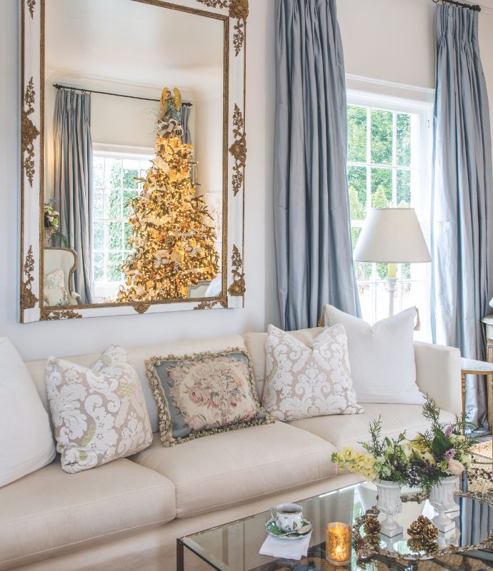 Formal living room with blue draperies