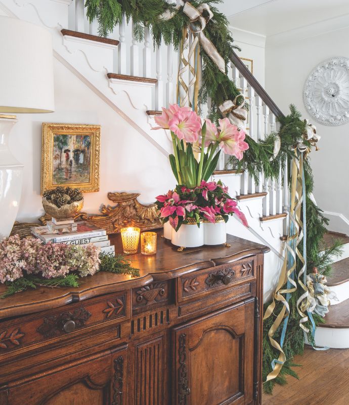 Foyer with dark furniture and amaryllis