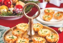 Simply Delicious Brie and Pear Tartlets Brie and Pear Tartlets on a gold tray