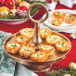 Brie and Pear Tartlets on a gold tray
