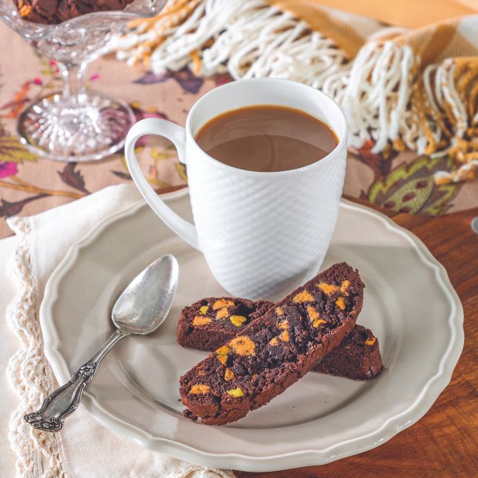 Chocolate, Peanut Butter, and Pistachio Biscotti with coffee