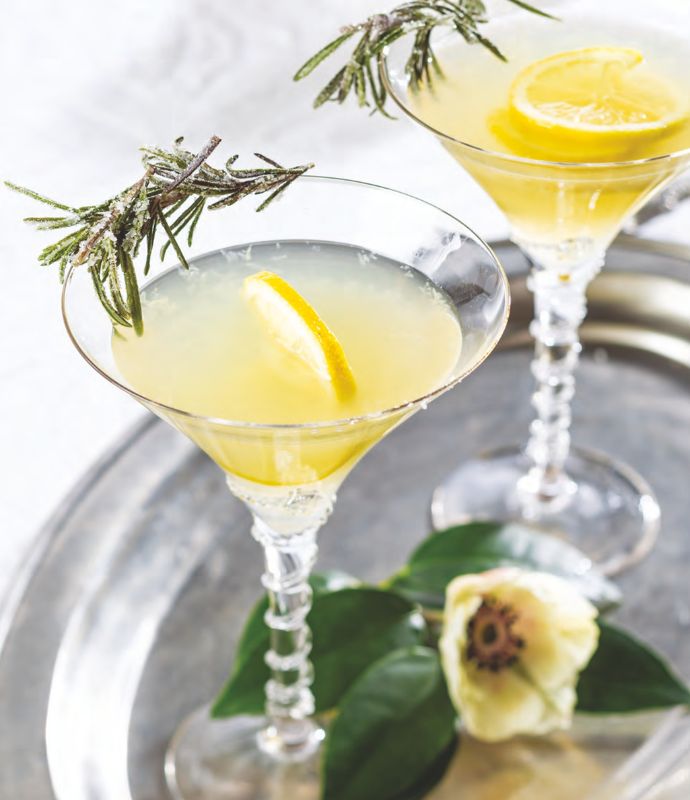 Lemon martini garnish with sugared rosemary 