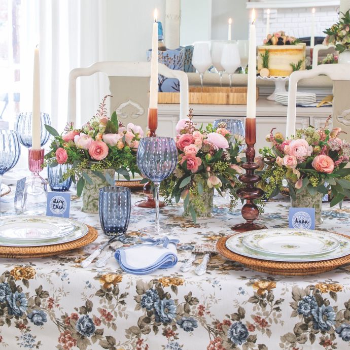 Blue, pink, and white tablescape for Southern Lady January/February 2024