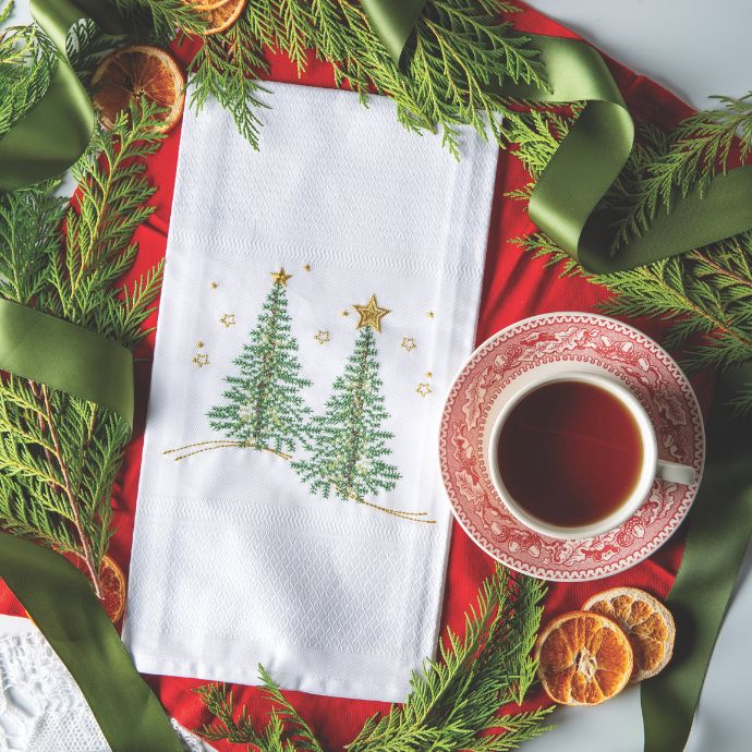 Embroidered Christmas tree tea towel