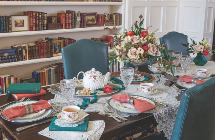 Wintertime tabletop in a library for teatime