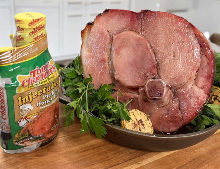 Looking for a crowd-pleasing addition to your Easter menu? A tantalizing combination of bourbon and brown sugar, Tony Chachere’s Praline Honey Ham Injectable Marinade makes this Holiday Ham recipe easy and delicious for family gatherings.