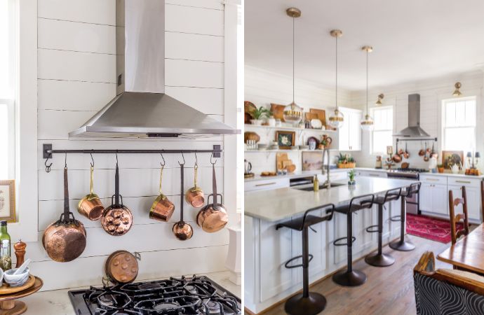 White kitchen with copper pot collection