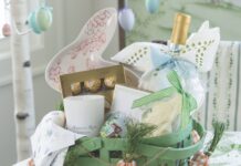 Our Favorite Hostess Gifts for Spring 2024 A green basket filled with goodies for our favorite hostess gifts 2024