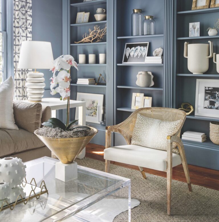 Southern style in a study with blue built-ins