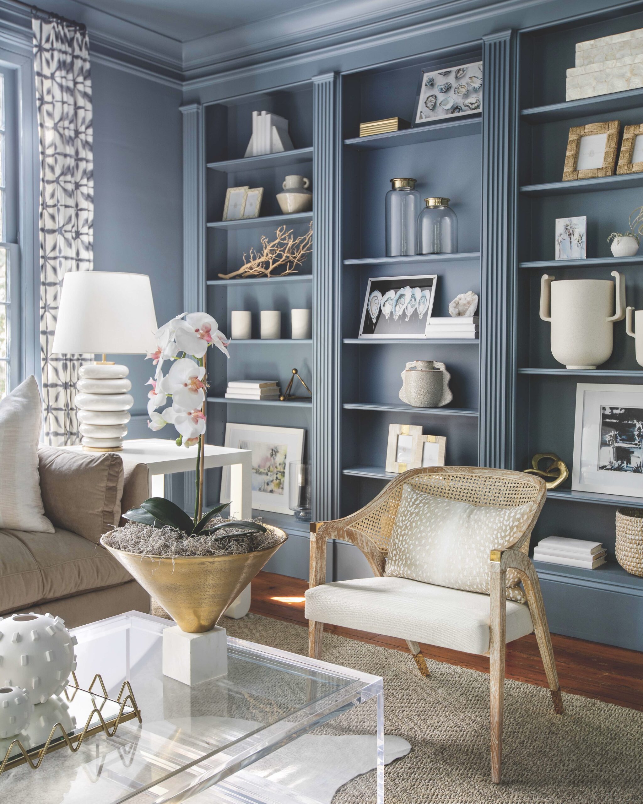 Southern style study with blue built-ins