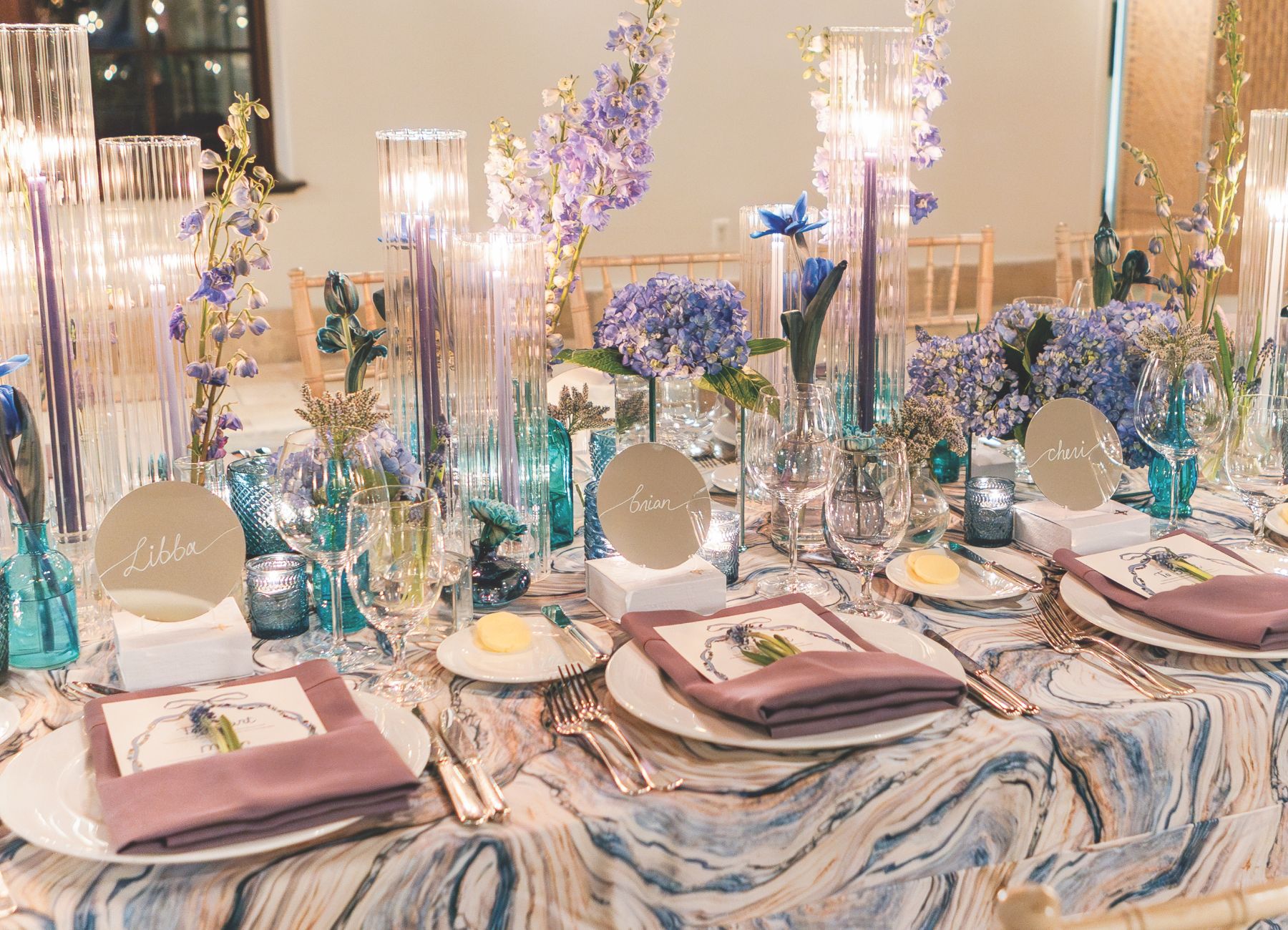Blue, purple, and white tablescape