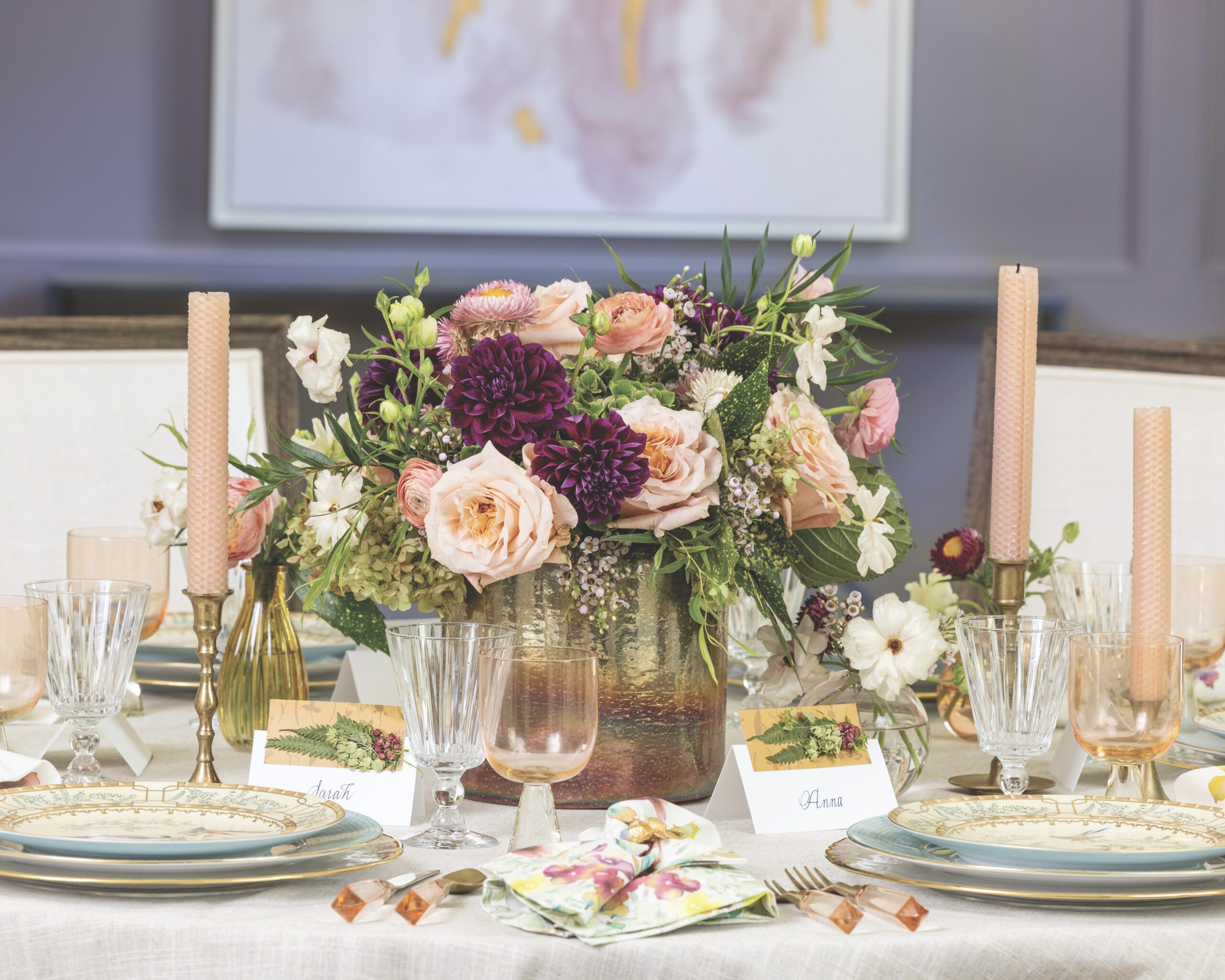 blush and purple flower arrangement