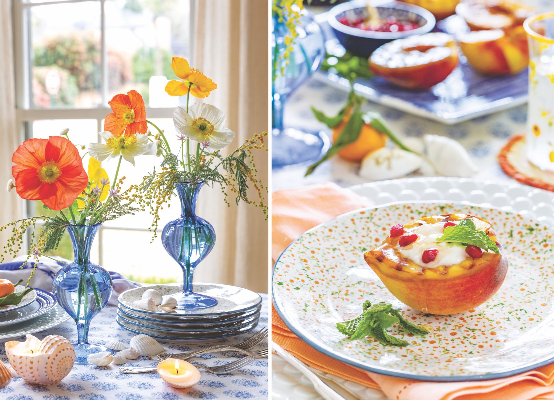 Flowers and a grilled peach on a plate
