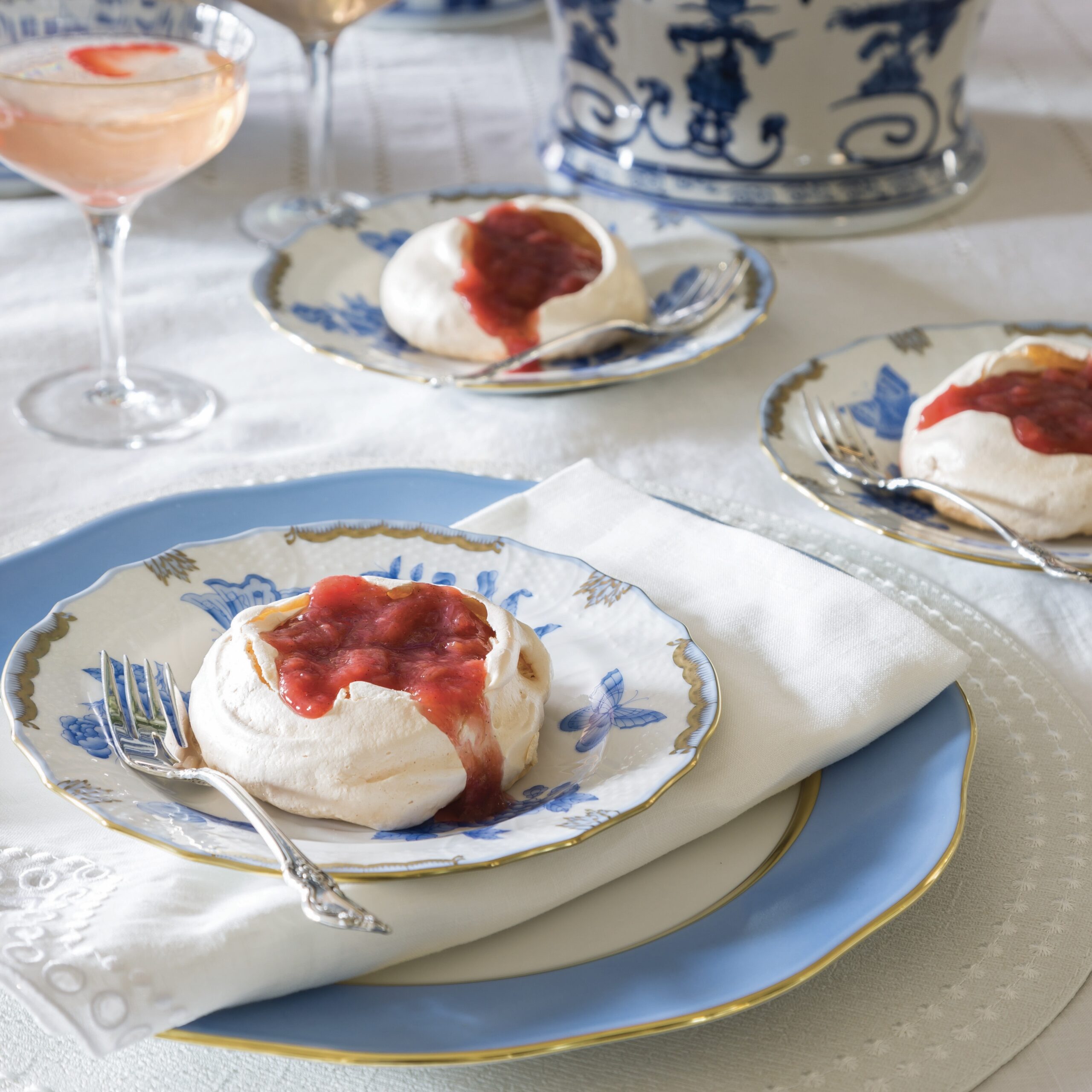 Rhubarb Pavlovas on blue and white china