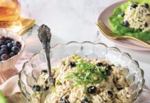 Blueberry-Basil Chicken Salad Blueberry-Basil Chicken Salad in a glass bowl