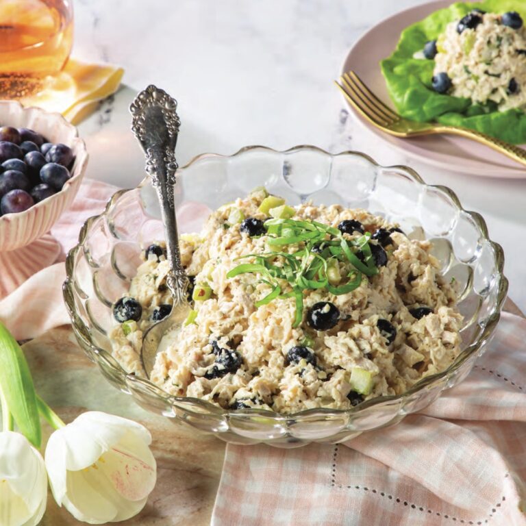 Blueberry-Basil Chicken Salad in a glass bowl