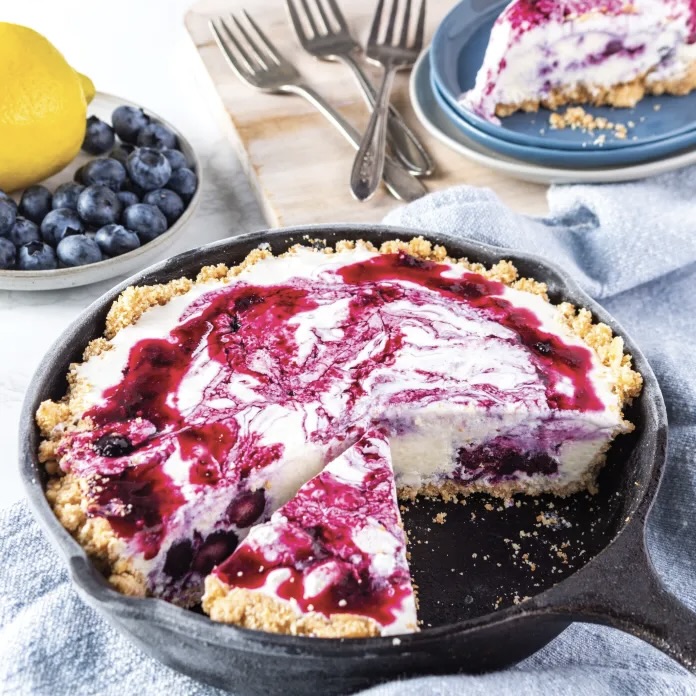 Blueberry Freezer Pie in a cast-iron skillet