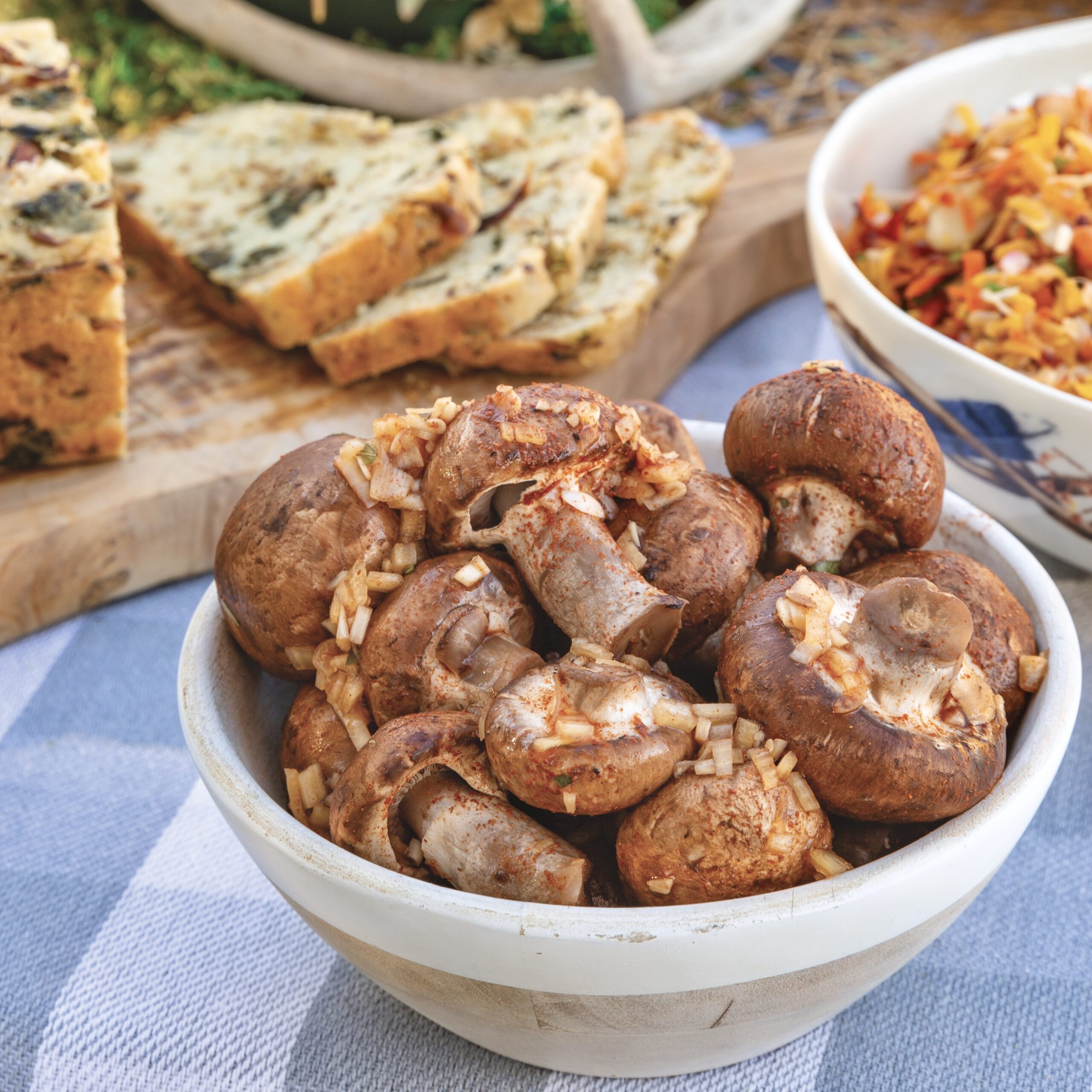 Pickled mushrooms in a ceramic bowl