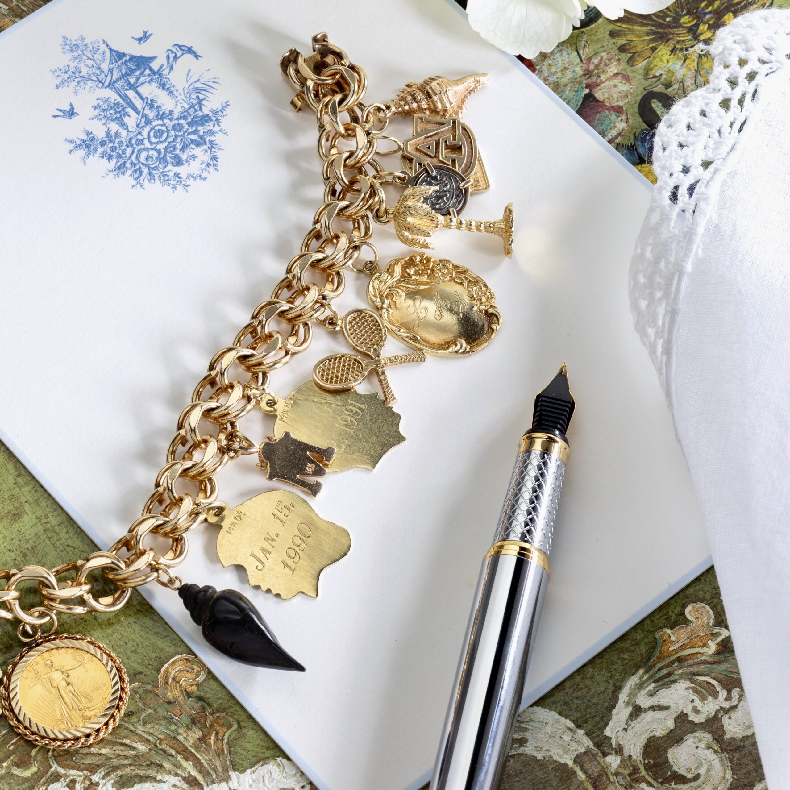 A gold charm bracelet