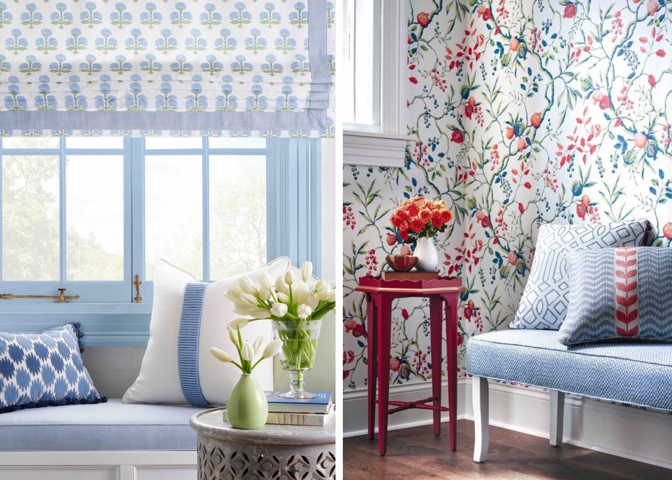 2 photos. The first image is a banquette built into a window highlighted with a blue-and-white color palette. The second is a blue upholstered bench with a red side table in front of a wall covered with a multicolor floral wallpaper.