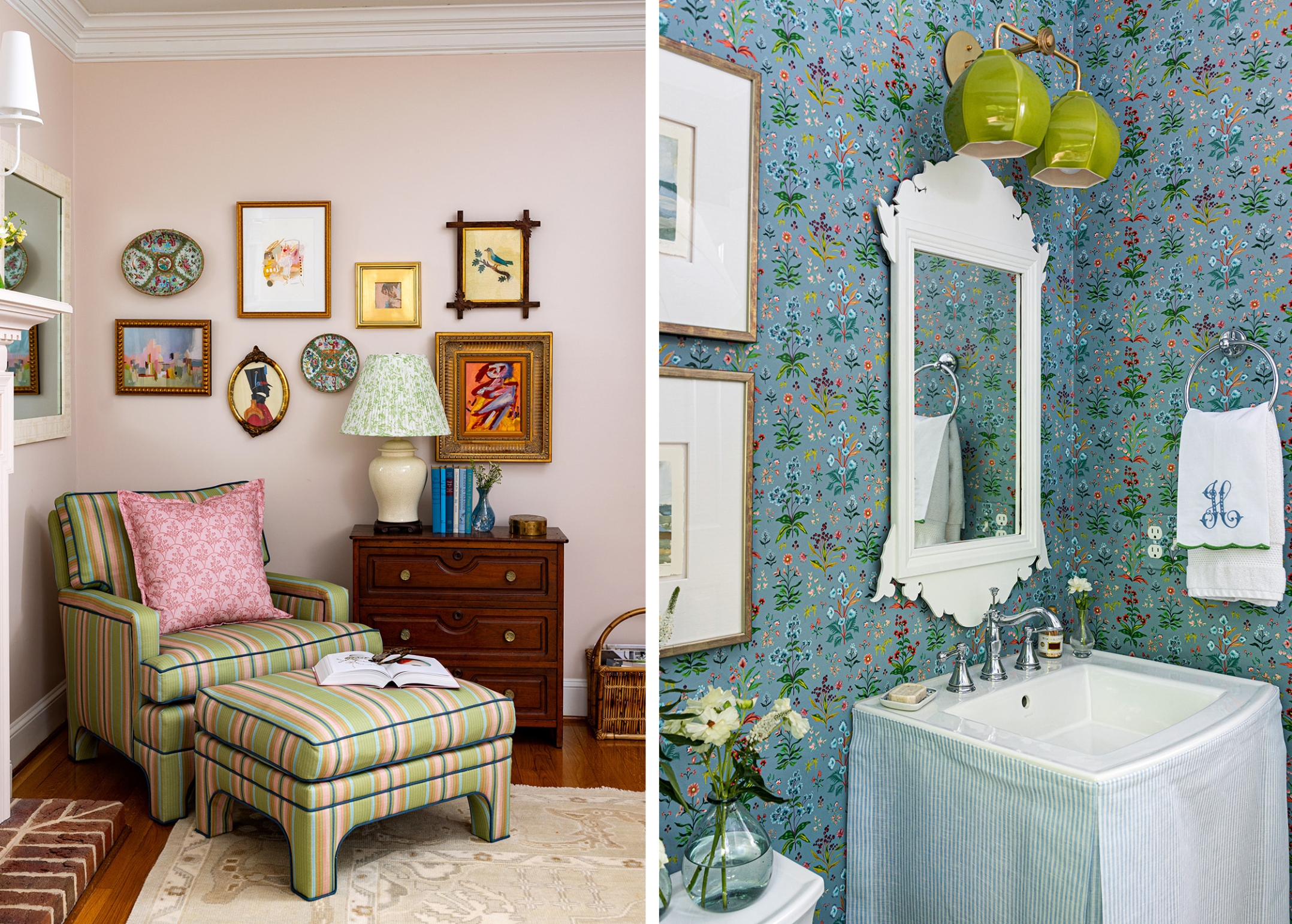 2 images; A corner nook in a room with a striped pink-and-green chair and ottoman, a gallery wall, and an antique chest with a lamp. The second image is a powder room bathroom with a blue floral wallpaper, white framed mirror, and green globe light. The pedestal sink has a striped fabric skirt.