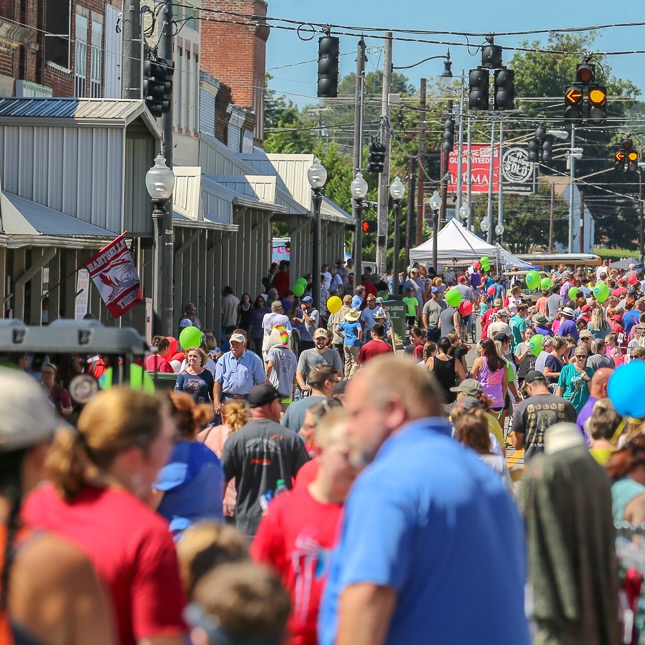 Photo of Depot Days Festival filled with families and tents in downtown Hartselle, Alabama.