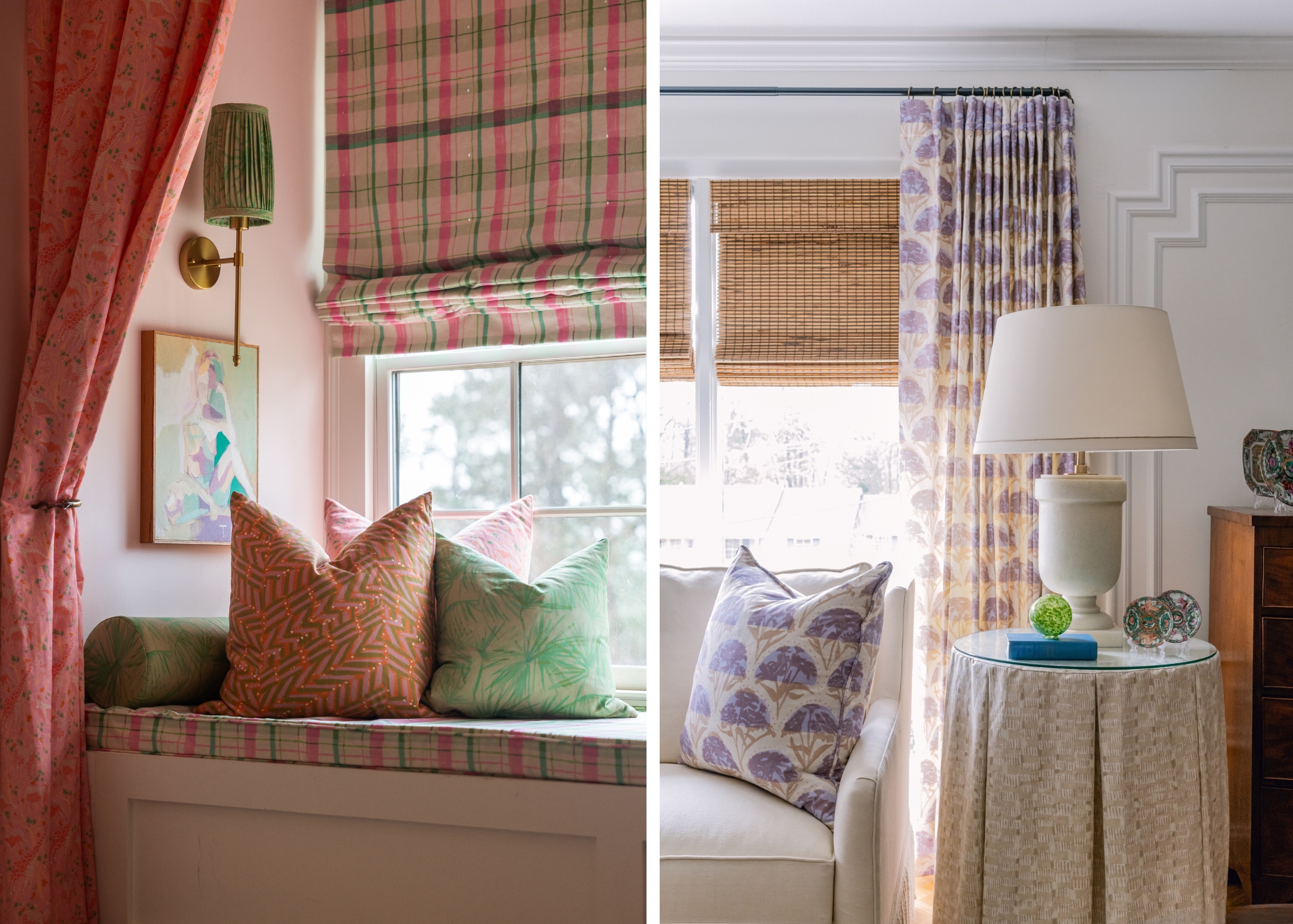 2 photos; the first is a banquette built into a reading nook under a window, with a plaid roman shade, matching cushion, throw pillows, curtain, and sconce with a green pleated shade. The second is a living room with millwork, a cream sofa, a side tale with a fabric skirt, a lamp, and a window dressed with bamboo shade and curtains.