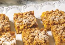 Apple-Pear Cobbler Bars Apple-Pear Cobbler Bars sliced into squares and displayed on a platter.