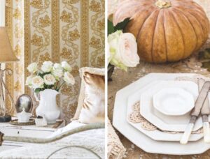 2 photos. The first is a bedside table vignette of a white ironstone pitcher filled with white roses in a room with gold floral striped wallpaper. The second is a place setting with octagonal ironstone plates.