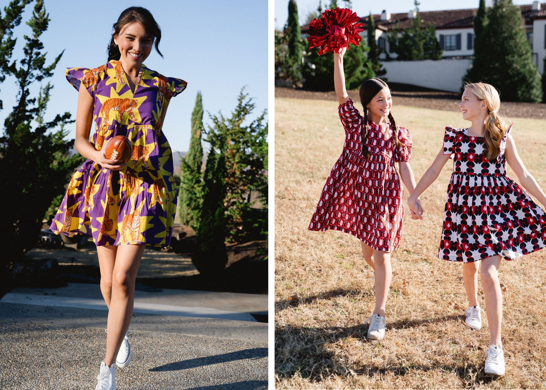 2 images, one of a woman running in a purple-and-gold dress with tigers on it, and another of 2 girls with pom poms in red-and-black dresses.