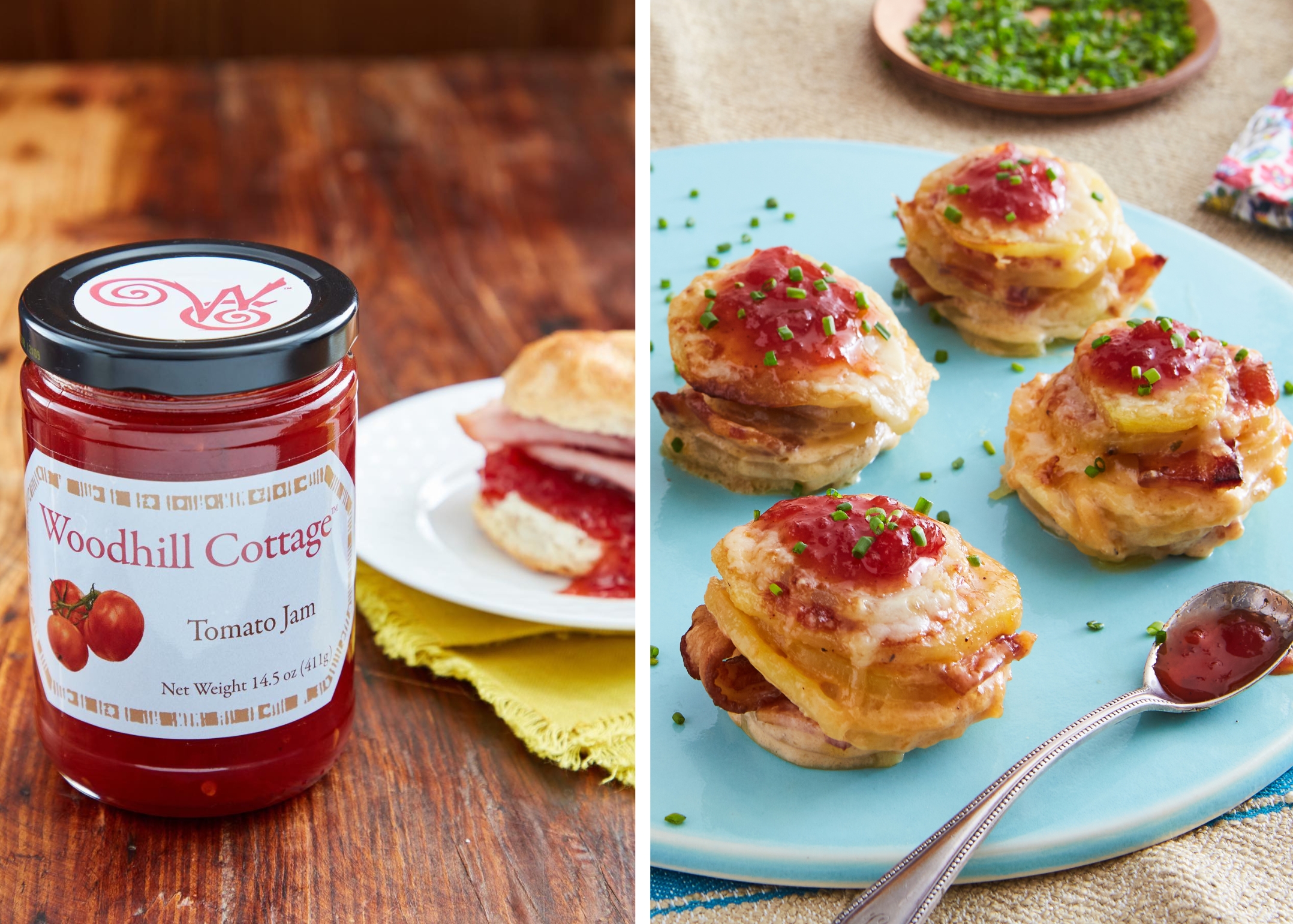 2 images, one of Woodhill Cottage Tomato Jam in a jar, and one of Mini Potato Gratin Stacks with Bacon and Tomato Jam.
