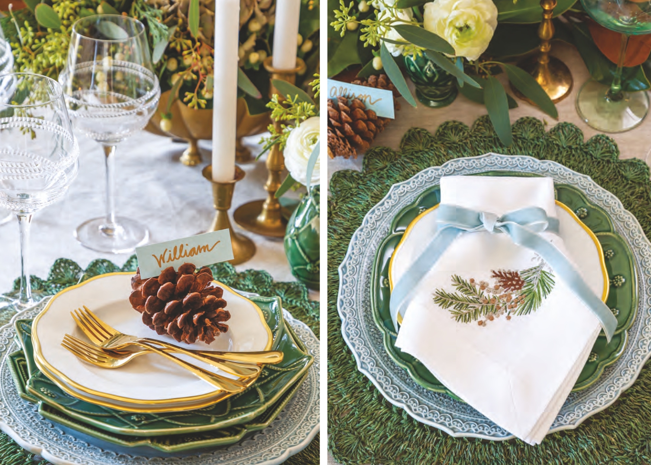 Two angles of a holiday place setting with blue and green plates, a green place mat, and a folded napkin embroidered with pinecones and evergreen branches. The napkin is tied with a light-blue velvet ribbon. A pinecone holds a place card.