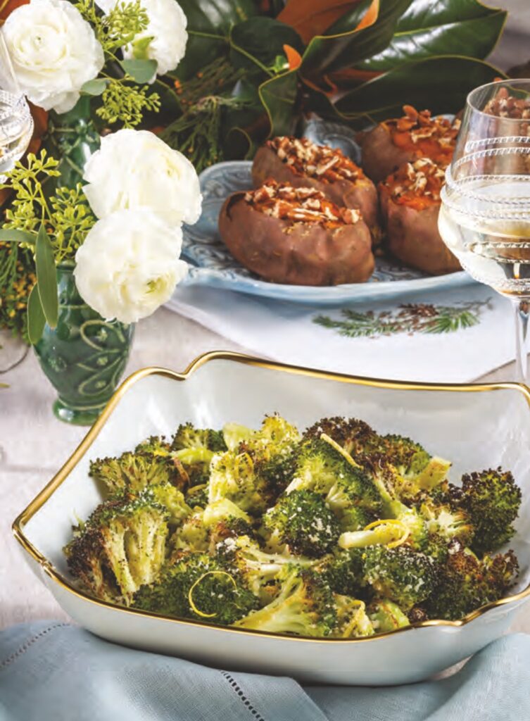 Roasted Broccoli with Lemon and Parmesan in a serving dish.