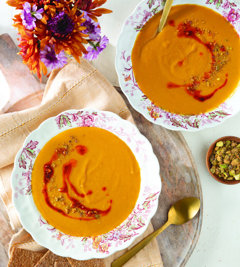 Curried Sweet Potato and Persimmon Soup in bowls.