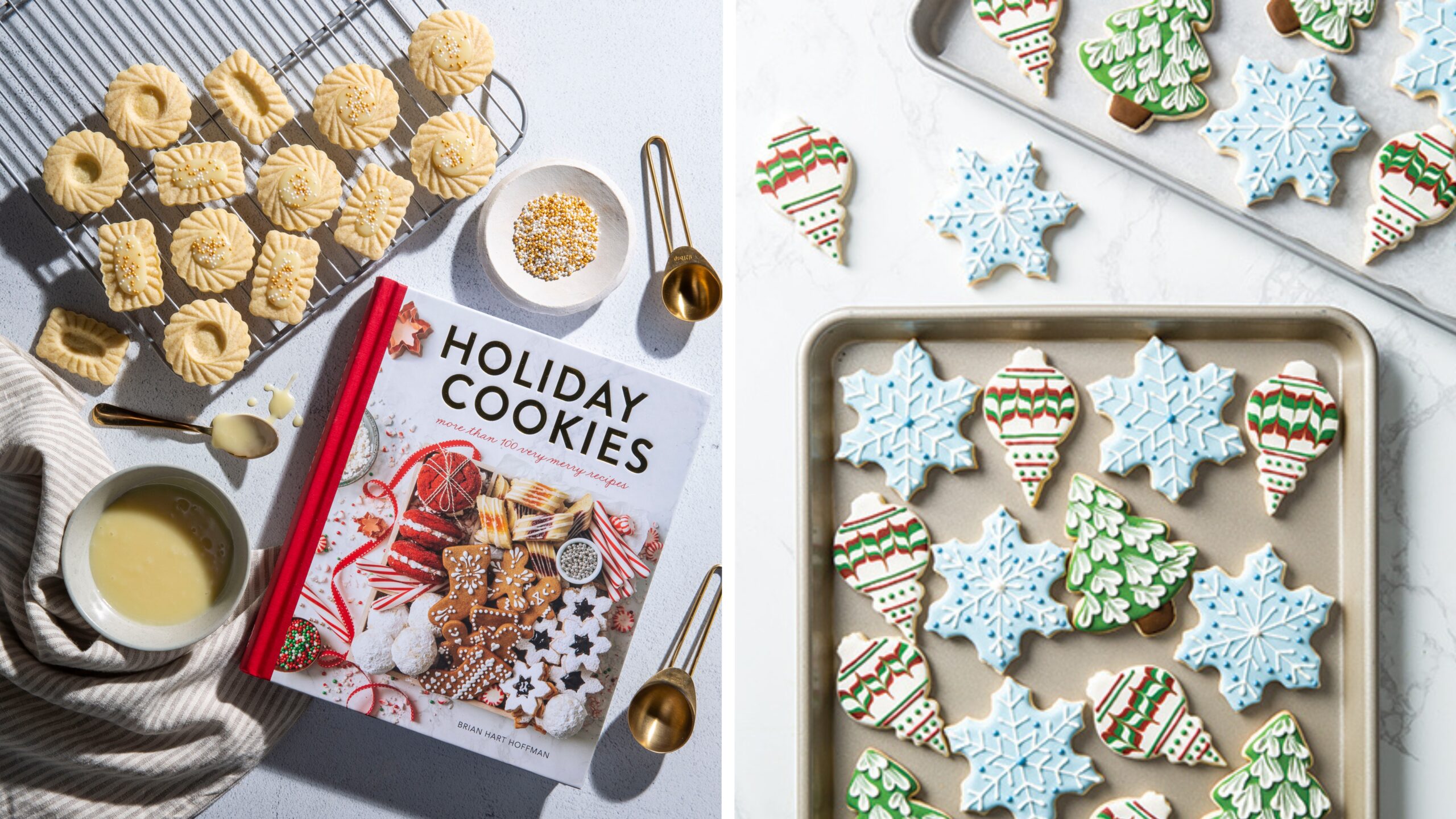 The Bake from Scratch holiday baking book Holiday Cookies, along with pans of cookies.