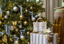 Southern Lady ‘s 2024 Holiday Gift Guide Gifts and luggage under a Christmas tree