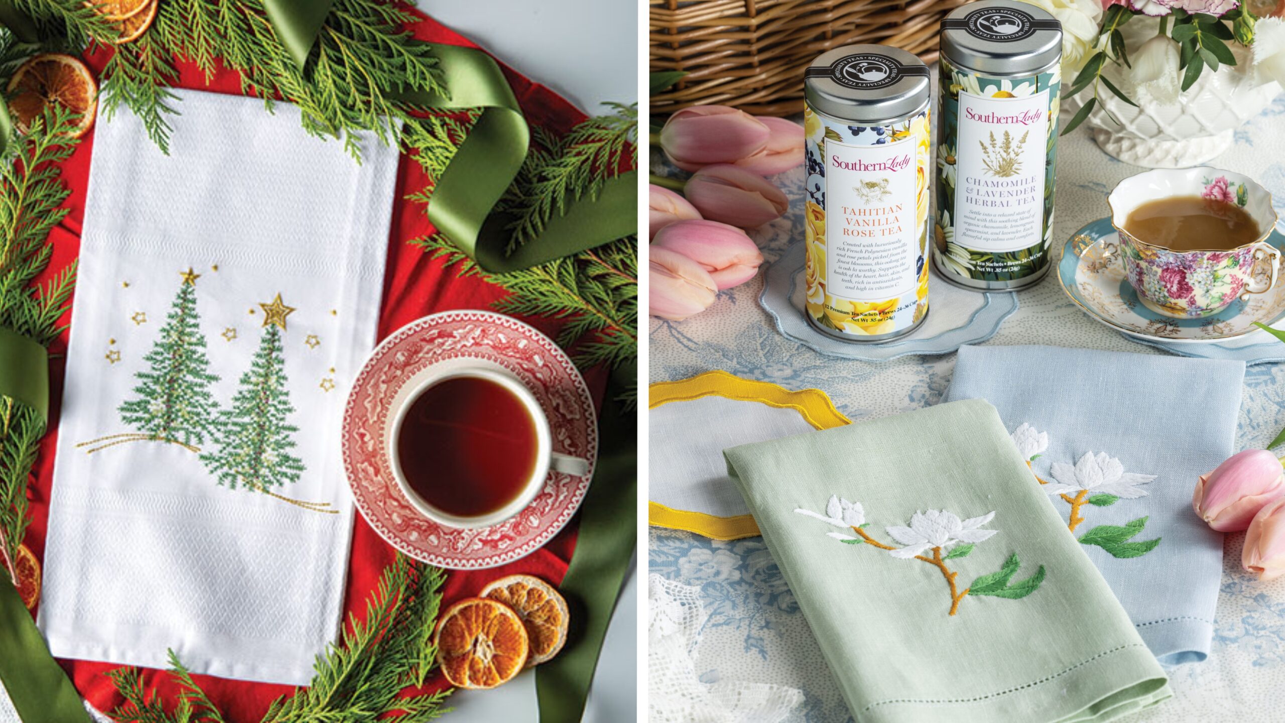 A grid photo of a Christmas towel and magnolia towels.