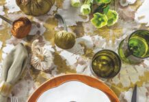 Five Ways with Fall China A Scalloped Mushroom dinner plate by Mrs. Alice atop a brown plate, with velveteen pumpkins and a swath of leafy green linens and glassware.