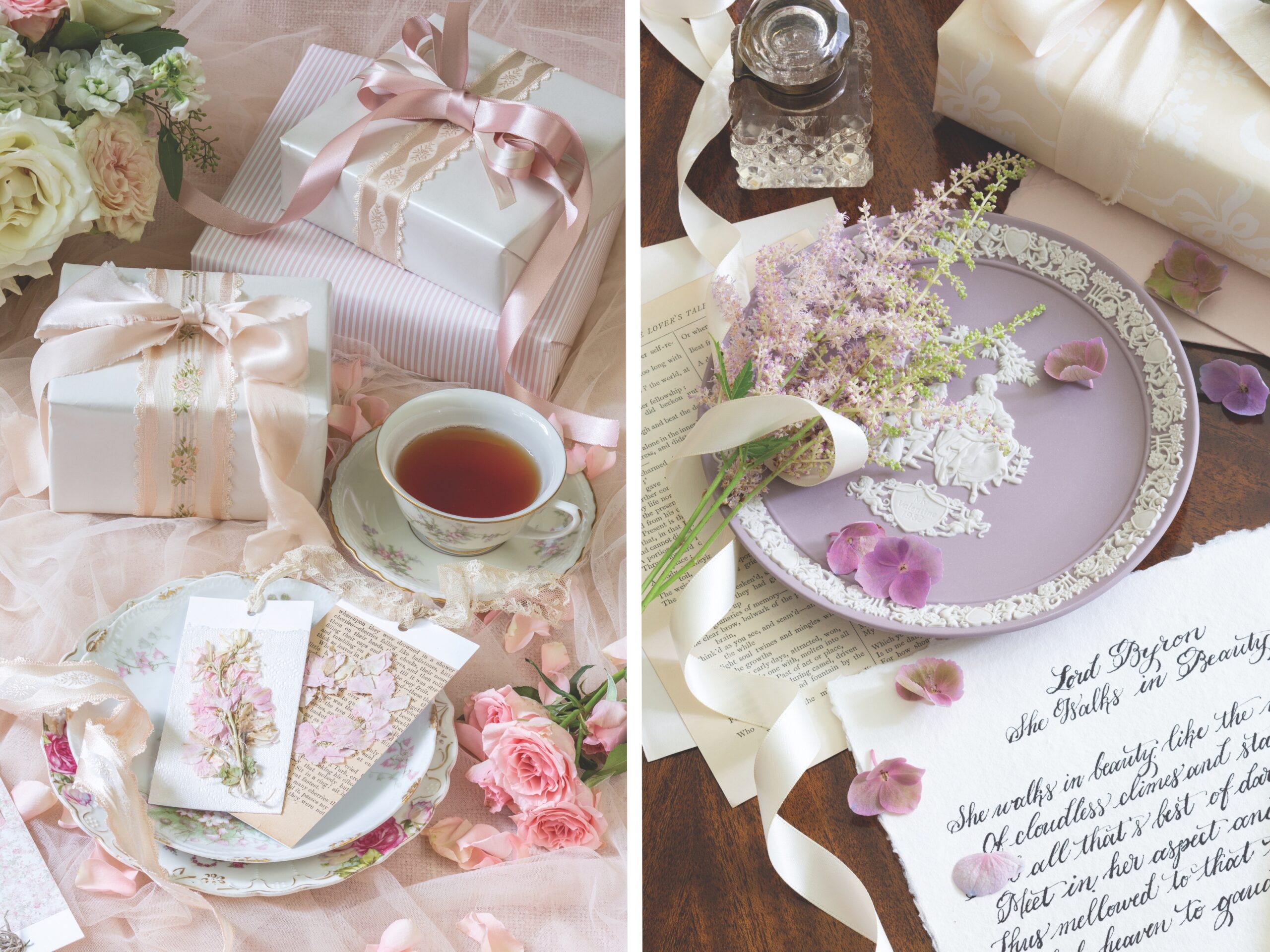 A lavender Wedgwood dish embellished with a fanciful scene brings out the soft color of the blossoms that accompany it. Lines of verse rendered beautifully in swirling script heighten the elegance of the display, calling to mind sentimental stories from days of yore.