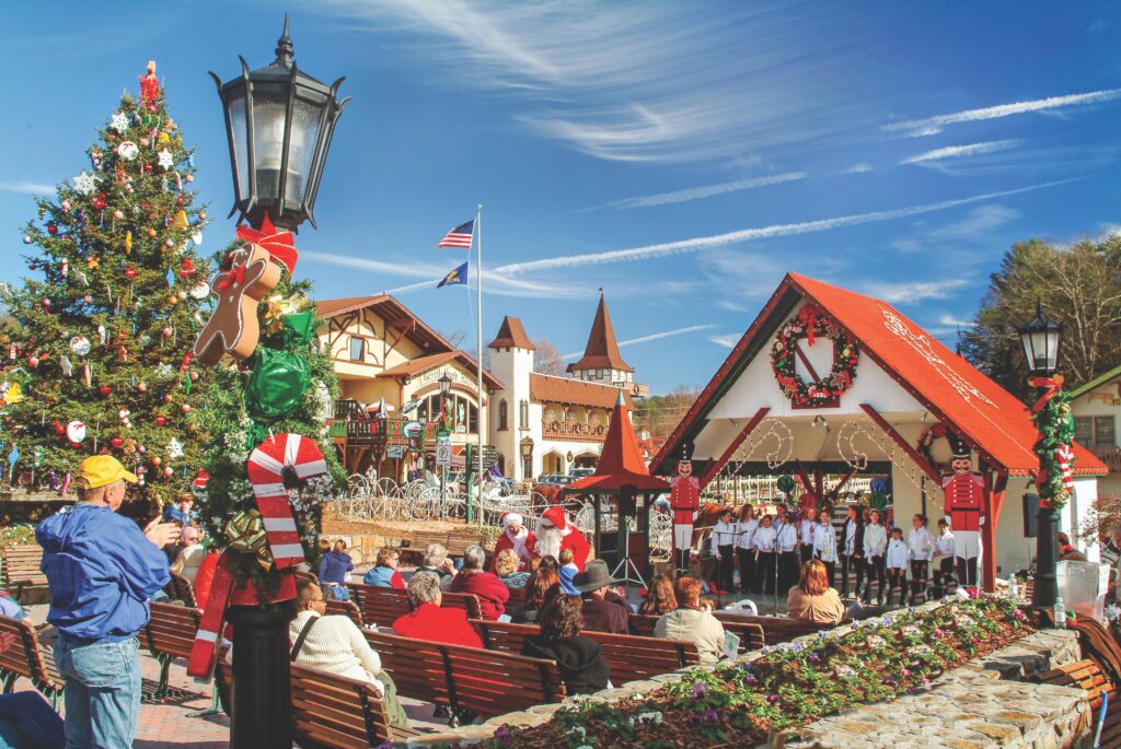 Christmas festivities in the old-fashioned town square of Alpine Helen, Georgia.