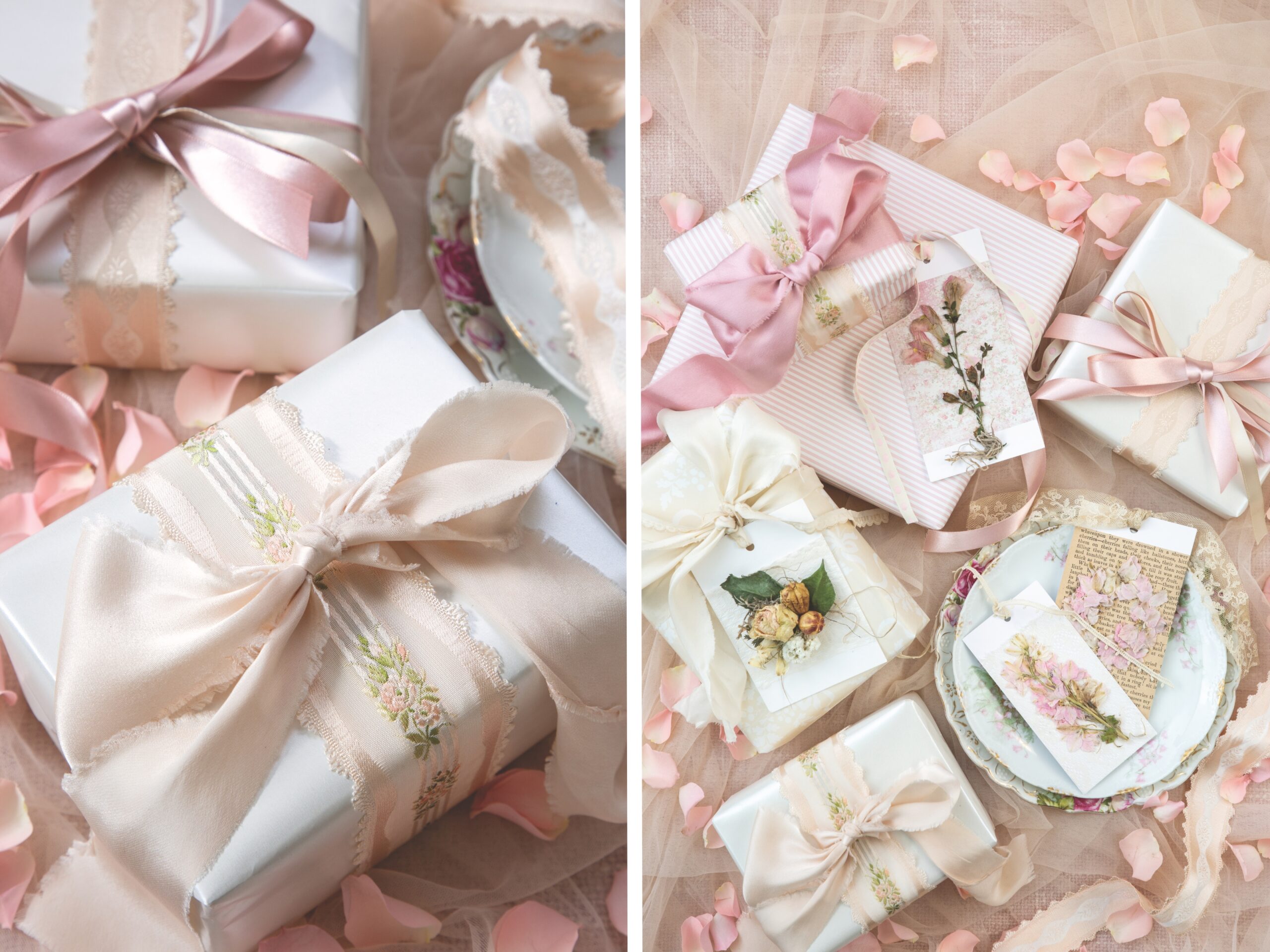 A grid image of presents wrapped in blush satin bows, and gift tags embellished with pressed flowers.