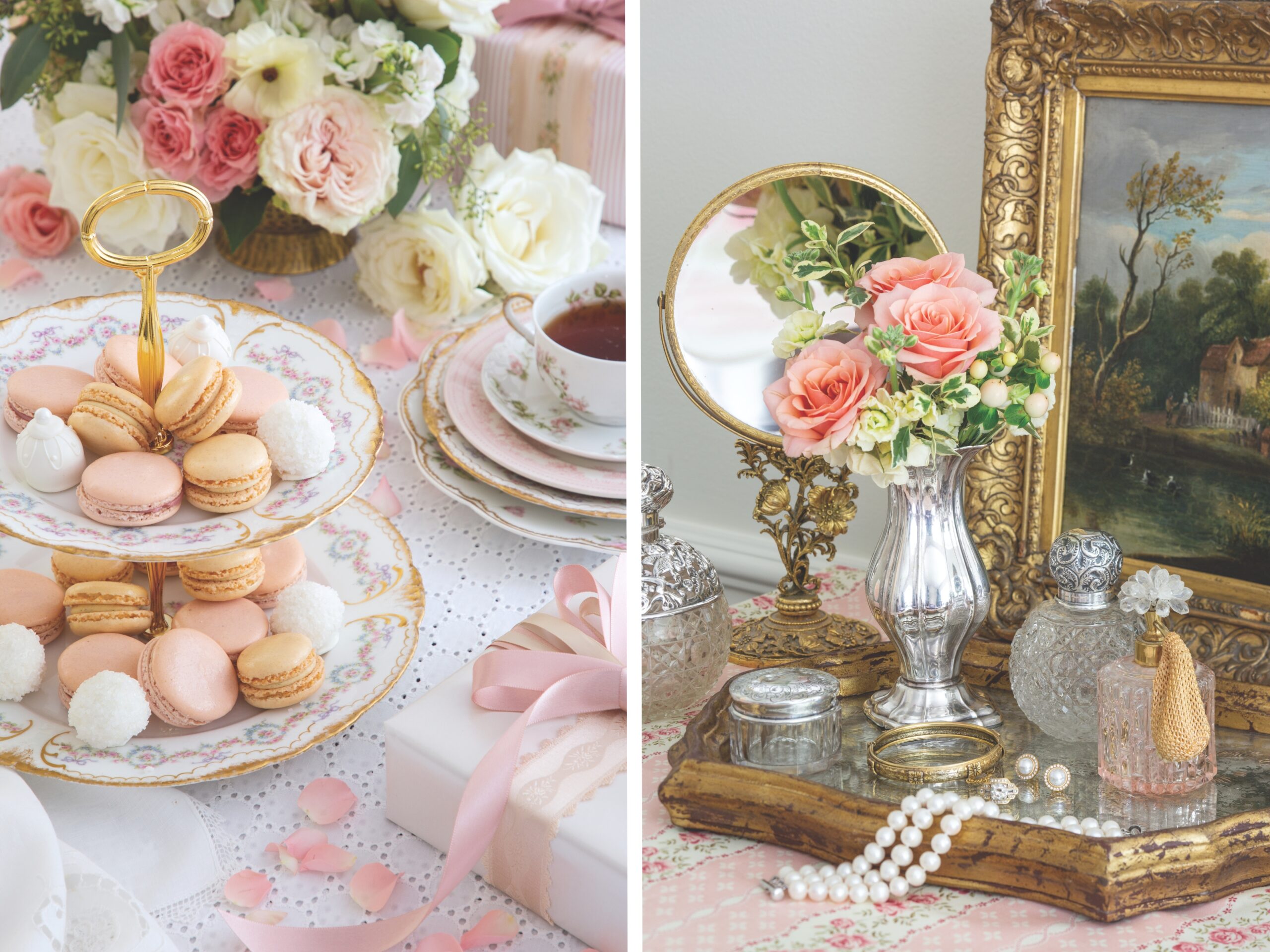 A grid image of macarons on a cake stand surrounded by flowers and teacups, and a vignette of antique vanity accessories.