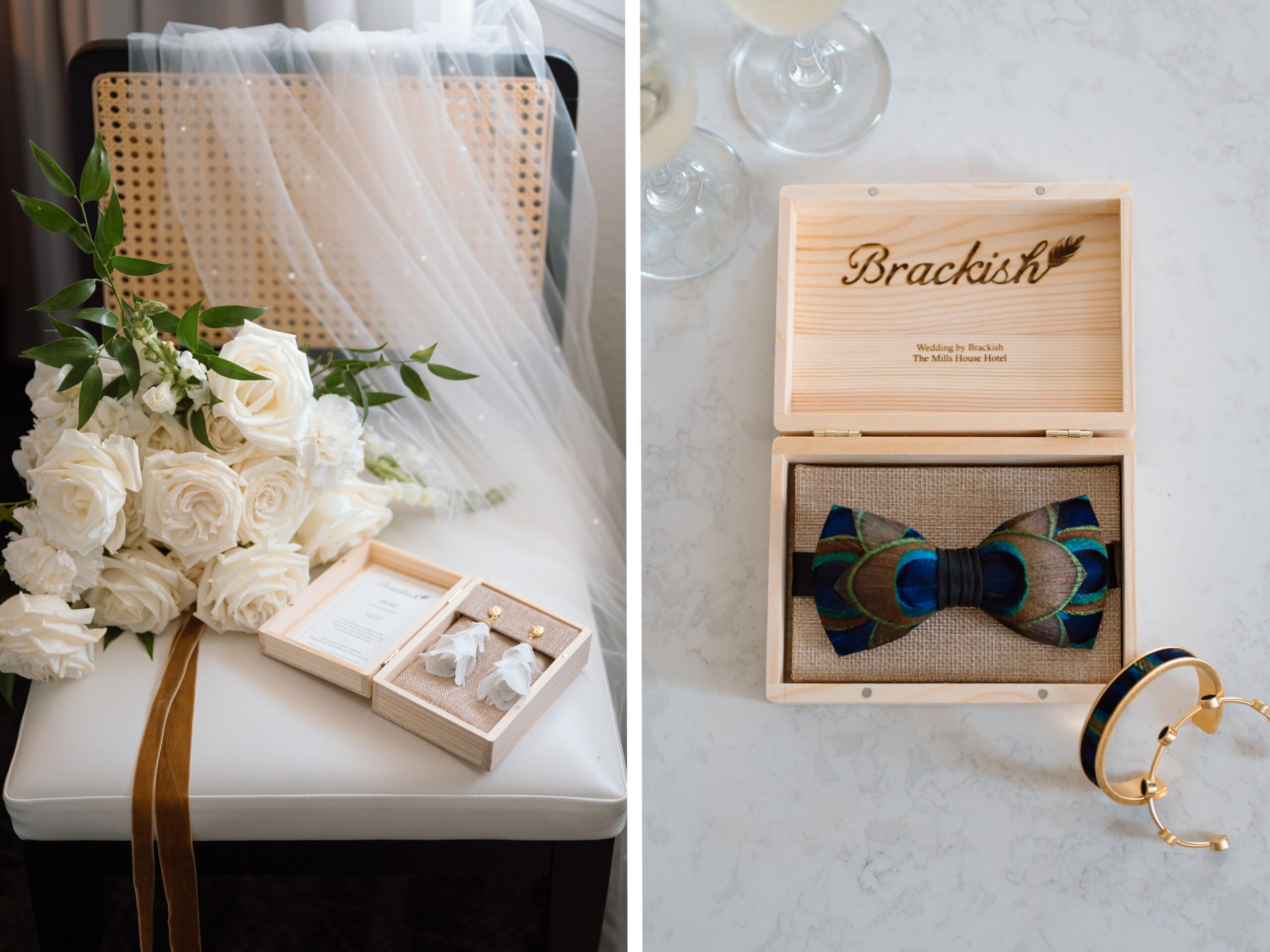 A grid image of women's earrings and a men's bowtie from Brackish.