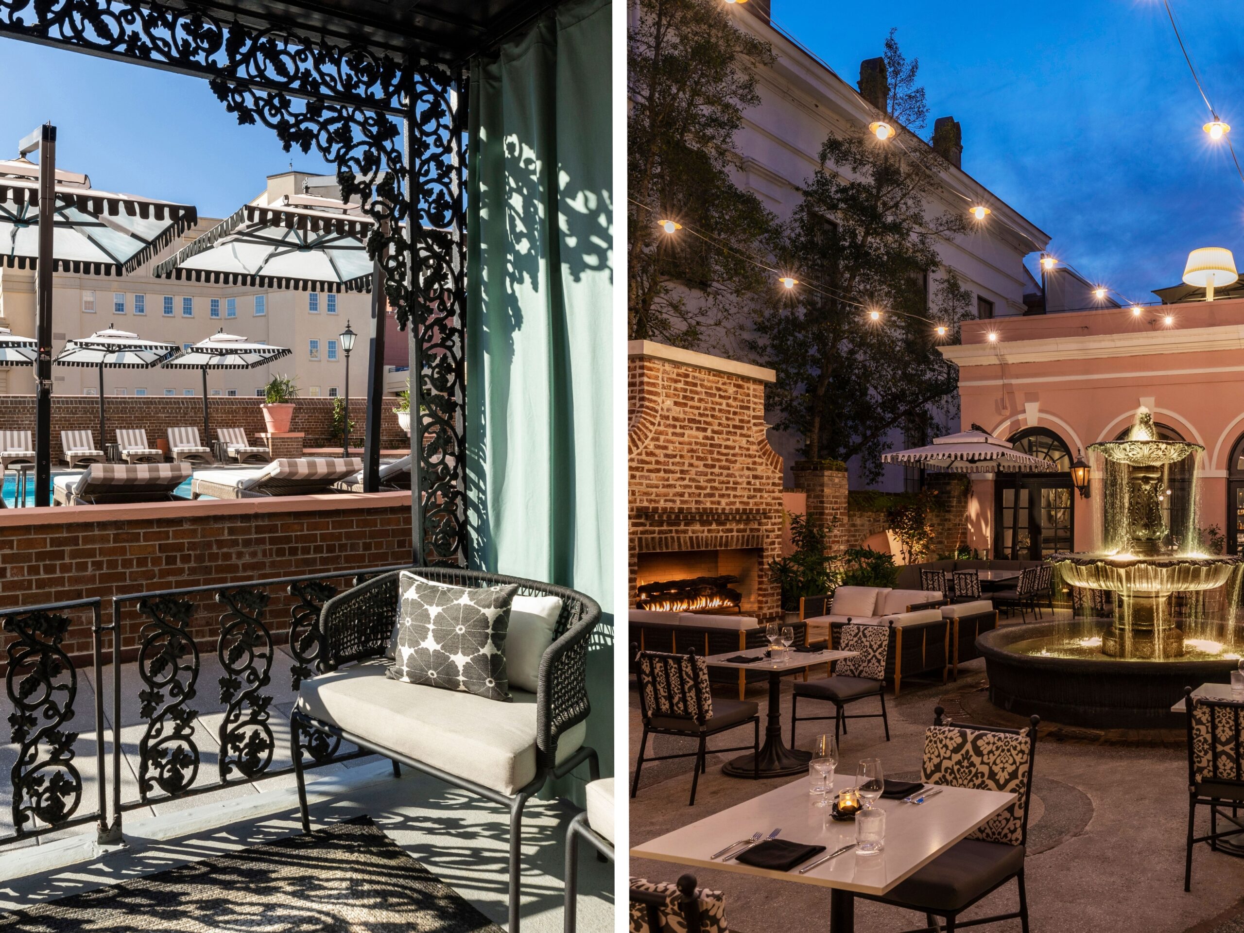A grid image of the rooftop pool and courtyard of the Mills House hotel.